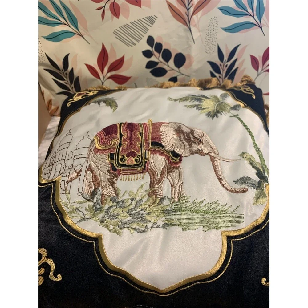 Fringe & Embroidered Elephant India Background Pillow BEAUTIFUL 16x16